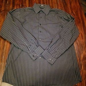 Men's Large (16 34/35) 100% Cotton Dress Shirt Black w/Grey Pinstripes